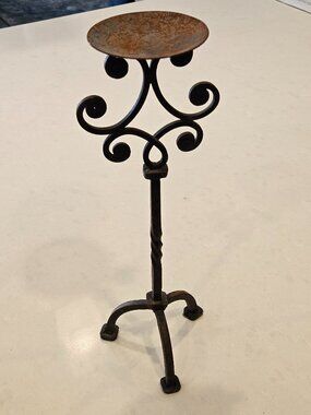 Vintage Wrought Iron Pillar Candle Holder - Rustic Finish